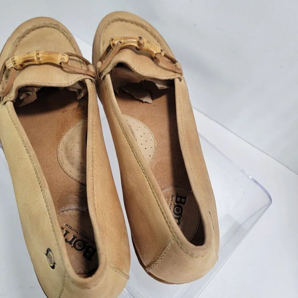 Born Womens Beige Leather Bamboo Bit Loafers Size 9 Coastal Grandma Driving Shoe